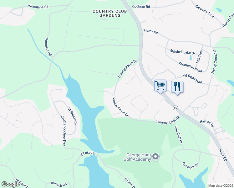 map of restaurants, bars, coffee shops, grocery stores, and more near 642 Tommy Aaron Drive in Gainesville