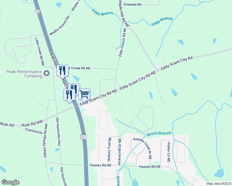 map of restaurants, bars, coffee shops, grocery stores, and more near 149 Eddy Scant City Road Northeast in Arab