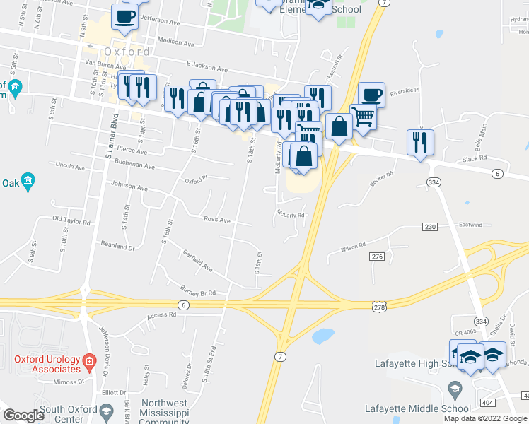 map of restaurants, bars, coffee shops, grocery stores, and more near 620 McLarty Road in Oxford