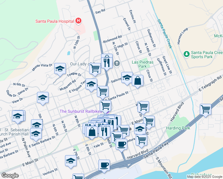 map of restaurants, bars, coffee shops, grocery stores, and more near 337 California 150 in Santa Paula