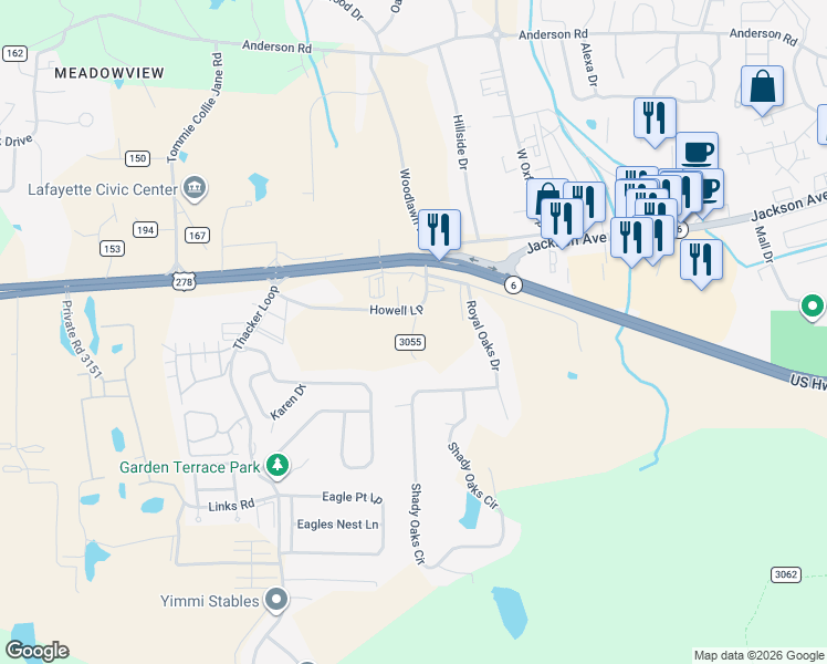 map of restaurants, bars, coffee shops, grocery stores, and more near County Road 3055 in Oxford