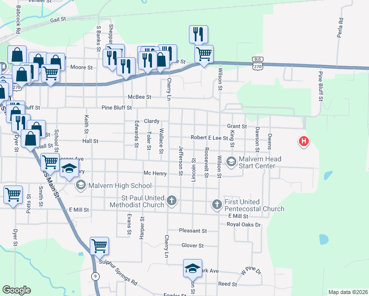 map of restaurants, bars, coffee shops, grocery stores, and more near 1021 Jefferson Street in Malvern