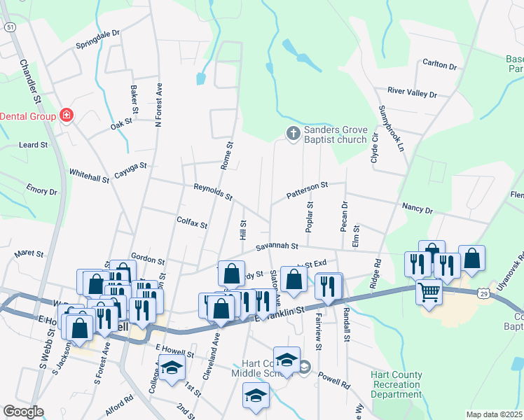 map of restaurants, bars, coffee shops, grocery stores, and more near 35 Clover Street in Hartwell