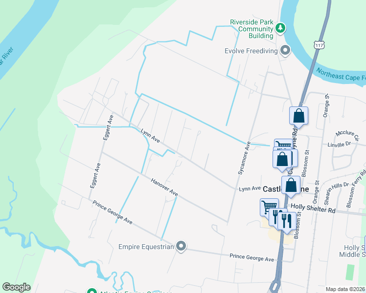 map of restaurants, bars, coffee shops, grocery stores, and more near 3609 Lynn Ave in Castle Hayne