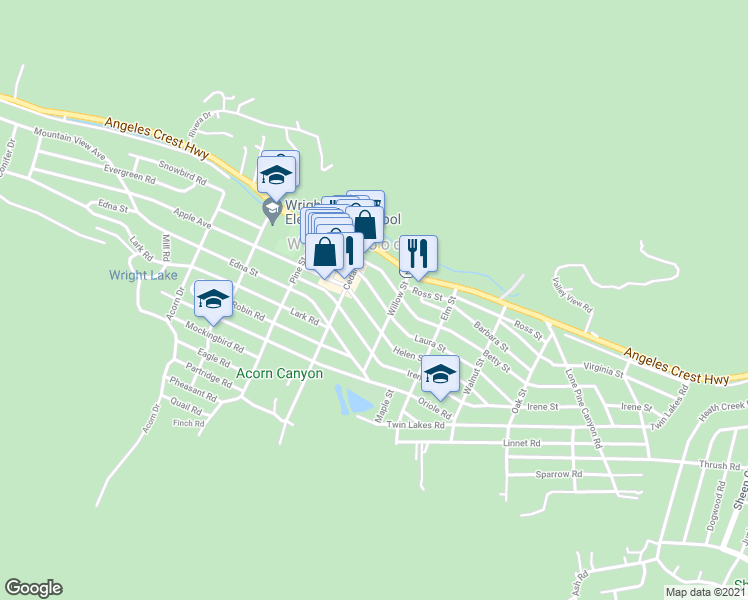 map of restaurants, bars, coffee shops, grocery stores, and more near 1365 Laura Street in Wrightwood