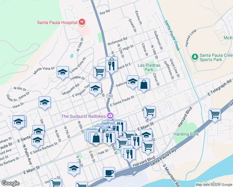 map of restaurants, bars, coffee shops, grocery stores, and more near 337 California 150 in Santa Paula