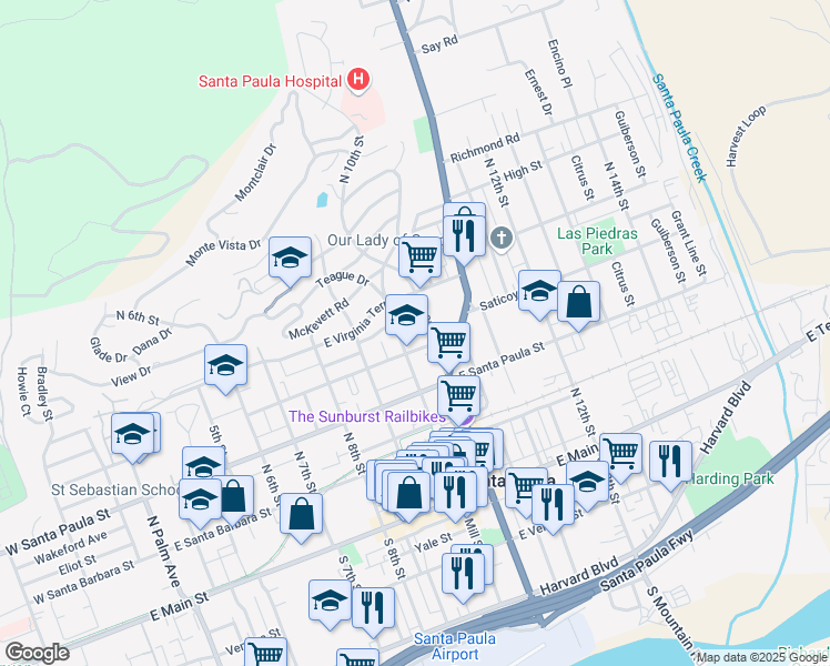 map of restaurants, bars, coffee shops, grocery stores, and more near 955 East Pleasant Street in Santa Paula
