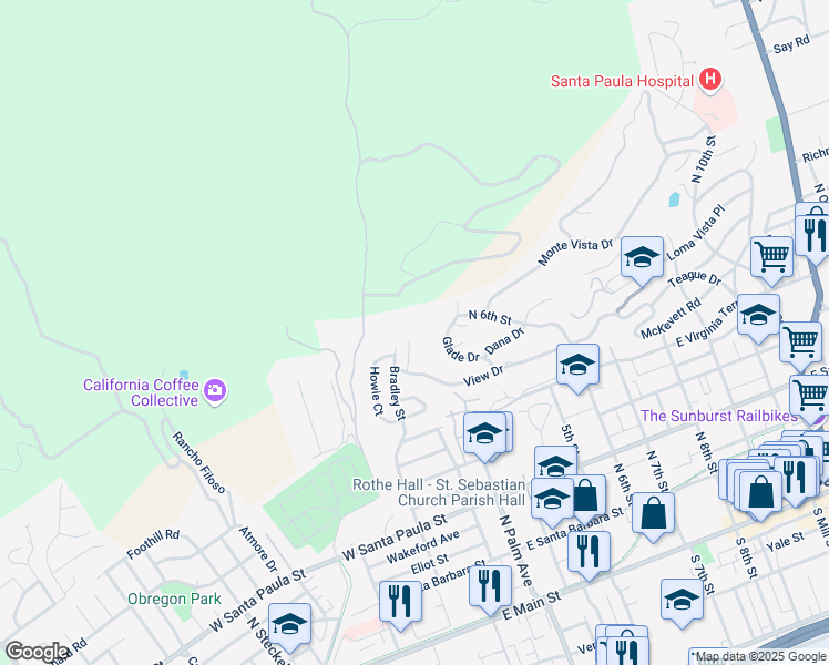 map of restaurants, bars, coffee shops, grocery stores, and more near in Santa Paula