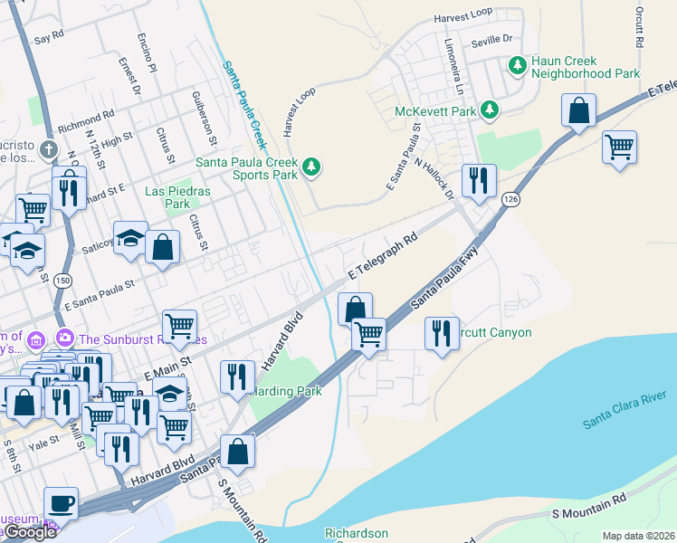 map of restaurants, bars, coffee shops, grocery stores, and more near 17983 East Telegraph Road in Santa Paula