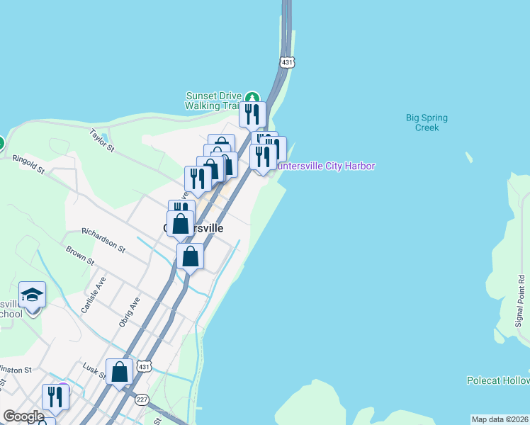 map of restaurants, bars, coffee shops, grocery stores, and more near 200 Taylor Street in Guntersville