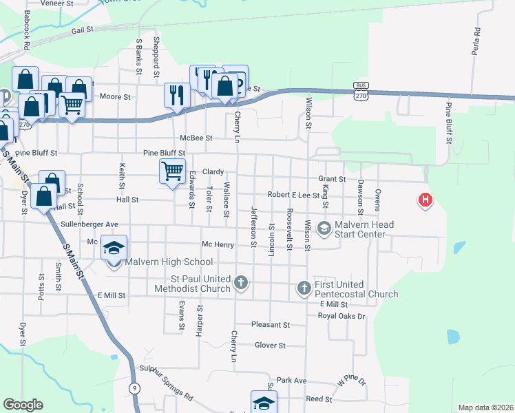 map of restaurants, bars, coffee shops, grocery stores, and more near 1021 Jefferson Street in Malvern