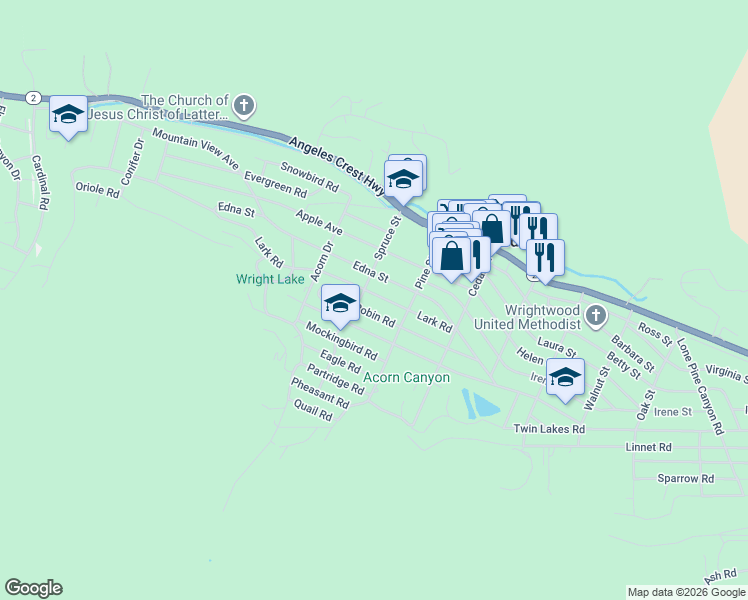 map of restaurants, bars, coffee shops, grocery stores, and more near 1113 Lark Road in Wrightwood