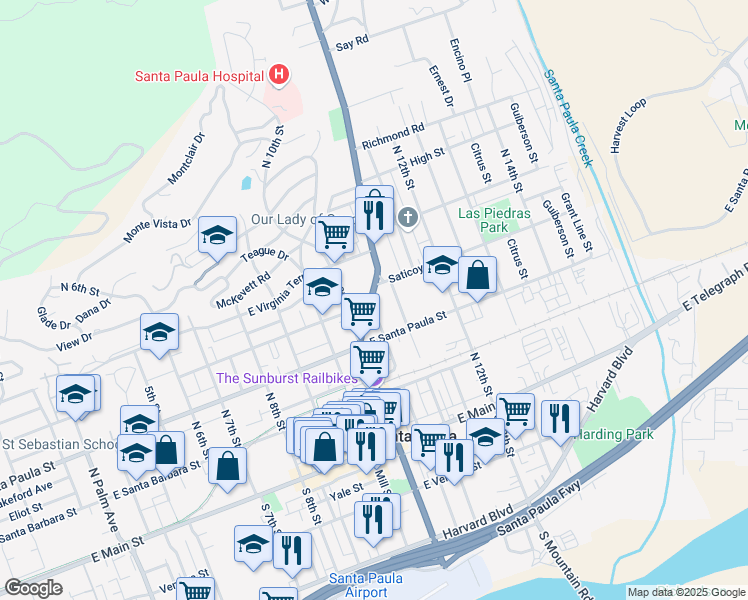 map of restaurants, bars, coffee shops, grocery stores, and more near 337 California 150 in Santa Paula