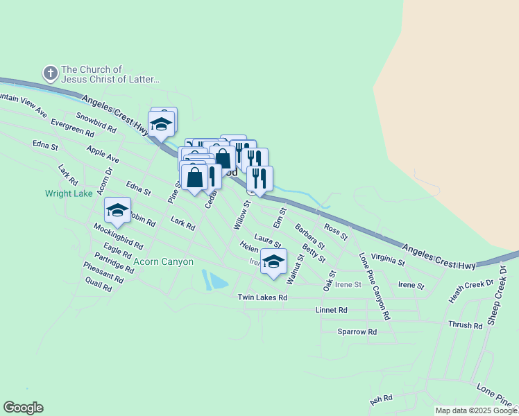 map of restaurants, bars, coffee shops, grocery stores, and more near 1445 Ross Street in Wrightwood