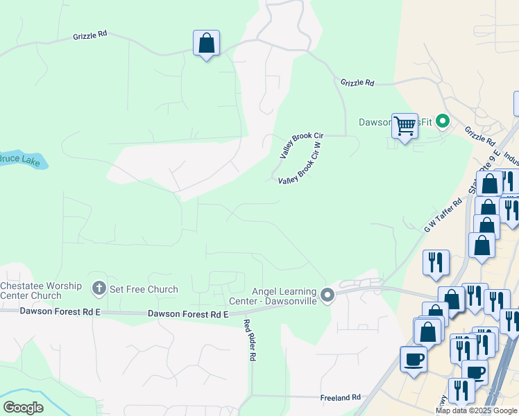 map of restaurants, bars, coffee shops, grocery stores, and more near 128 Longleaf Street in Dawsonville