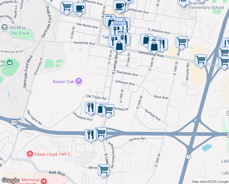 map of restaurants, bars, coffee shops, grocery stores, and more near 1201-1399 S Lamar Blvd in Oxford