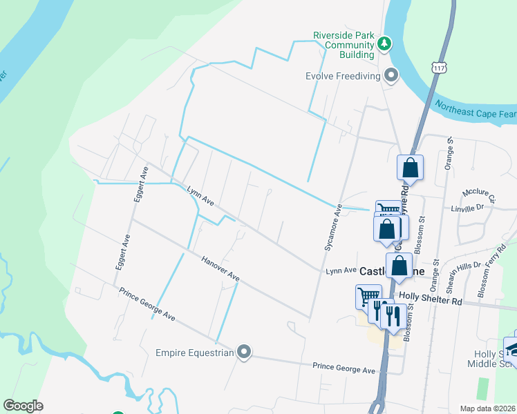 map of restaurants, bars, coffee shops, grocery stores, and more near 3609 Lynn Ave in Castle Hayne