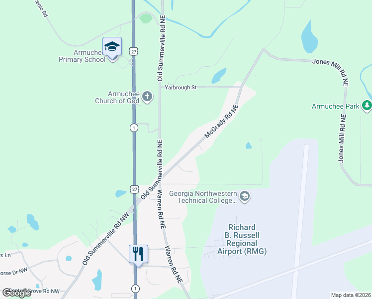 map of restaurants, bars, coffee shops, grocery stores, and more near 97 McGrady Road Northeast in Rome