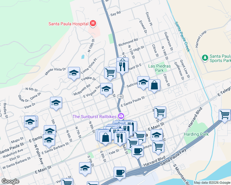 map of restaurants, bars, coffee shops, grocery stores, and more near 955 East Pleasant Street in Santa Paula