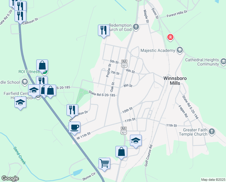 map of restaurants, bars, coffee shops, grocery stores, and more near 535 Oak Street in Winnsboro