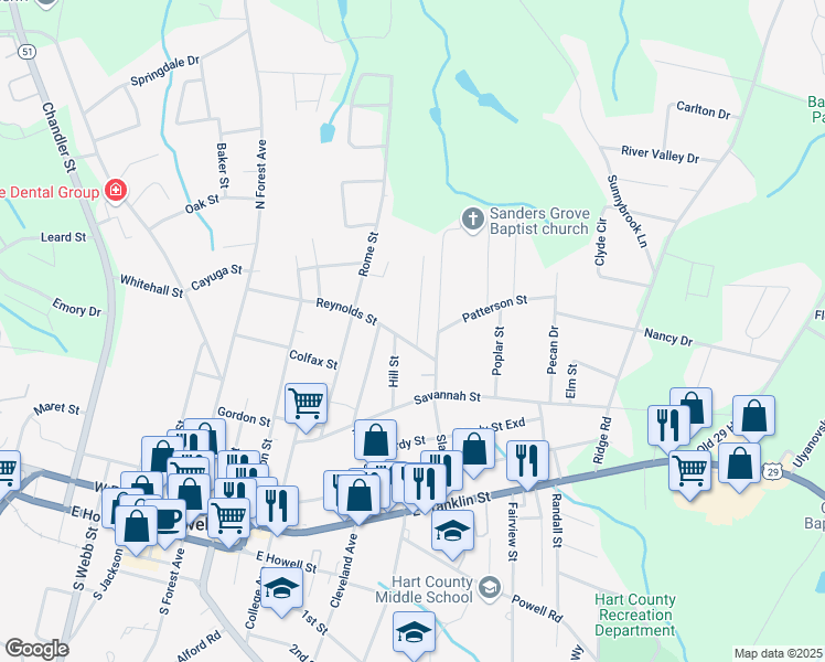 map of restaurants, bars, coffee shops, grocery stores, and more near 35 Clover Street in Hartwell