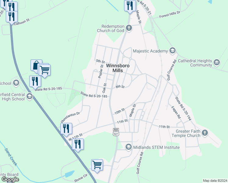 map of restaurants, bars, coffee shops, grocery stores, and more near 380 8th Street in Winnsboro