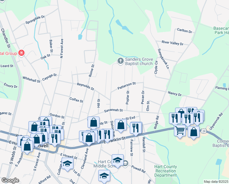 map of restaurants, bars, coffee shops, grocery stores, and more near 30 Patterson Street in Hartwell