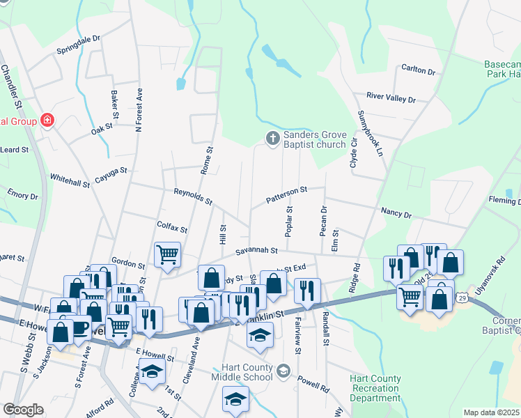 map of restaurants, bars, coffee shops, grocery stores, and more near 30 Patterson Street in Hartwell