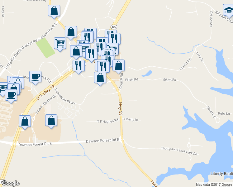 map of restaurants, bars, coffee shops, grocery stores, and more near 1 Hughes Court in Dawsonville