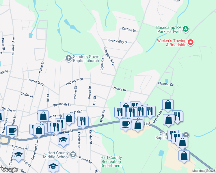 map of restaurants, bars, coffee shops, grocery stores, and more near 110 Nancy Drive in Hartwell