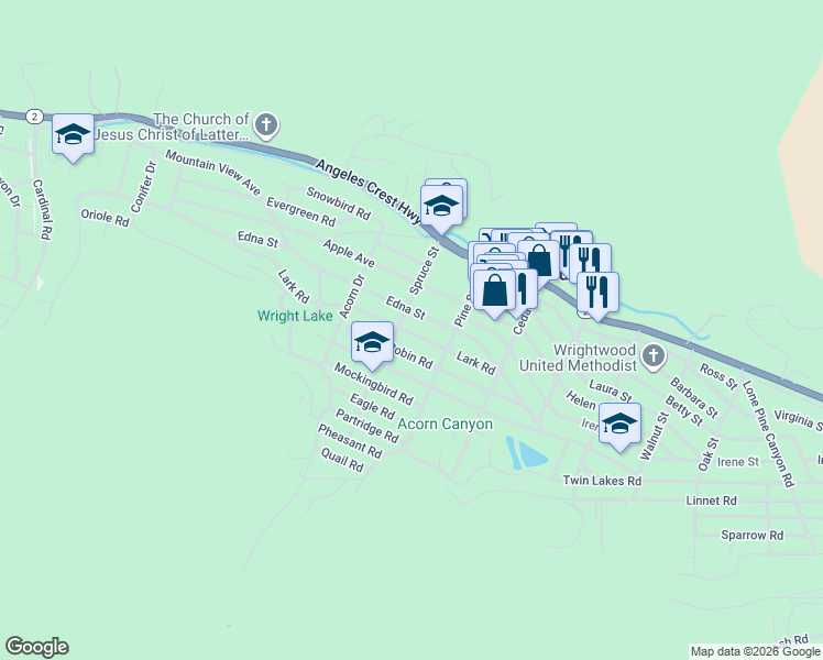 map of restaurants, bars, coffee shops, grocery stores, and more near 1113 Lark Road in Wrightwood