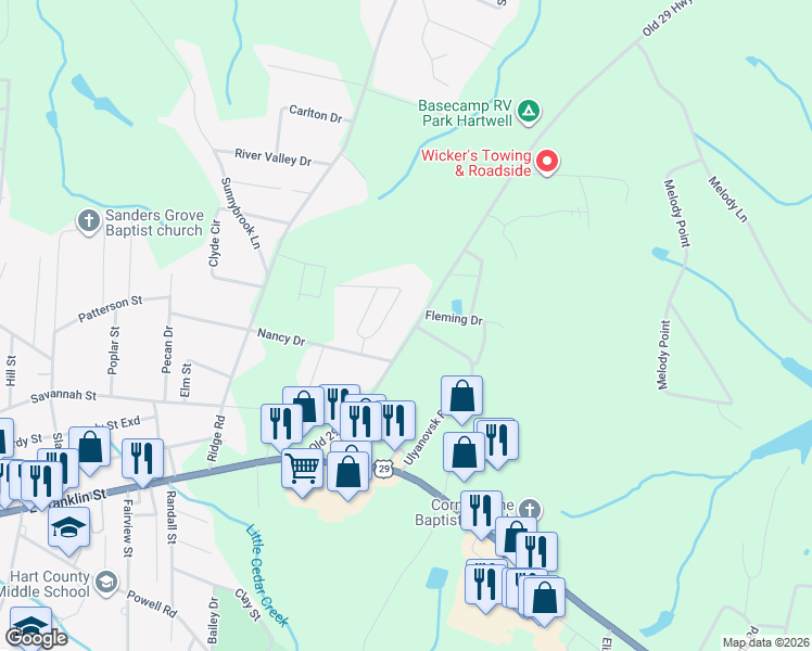 map of restaurants, bars, coffee shops, grocery stores, and more near 385 Old 29 Highway in Hartwell