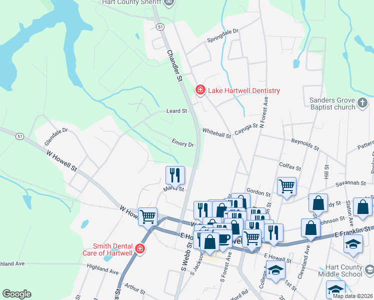 map of restaurants, bars, coffee shops, grocery stores, and more near 365 Chandler Street in Hartwell