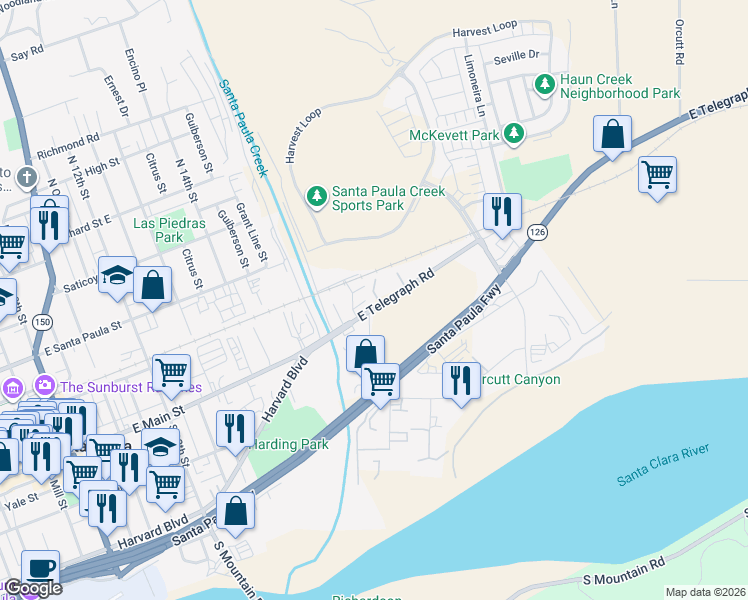 map of restaurants, bars, coffee shops, grocery stores, and more near 17983 East Telegraph Road in Santa Paula