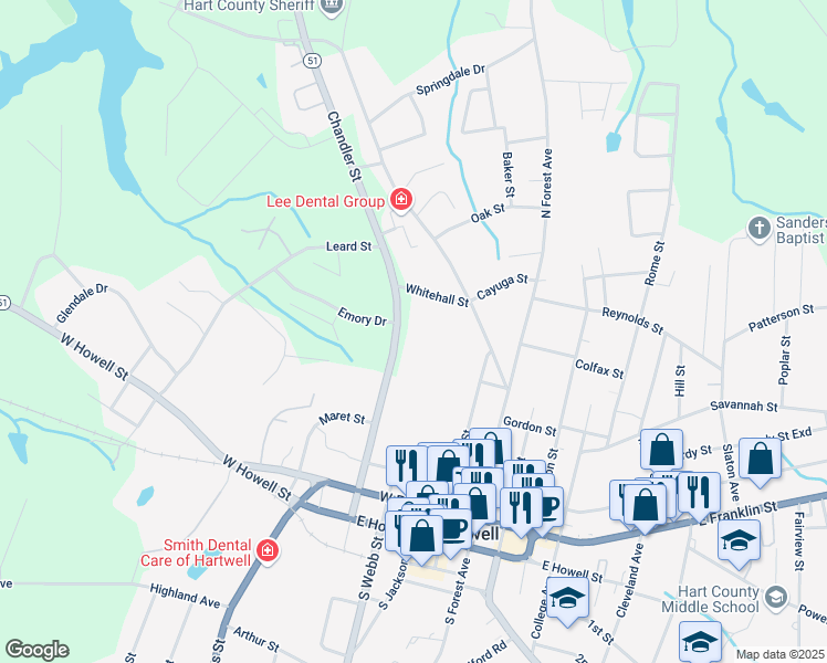 map of restaurants, bars, coffee shops, grocery stores, and more near 420 Chandler Street in Hartwell