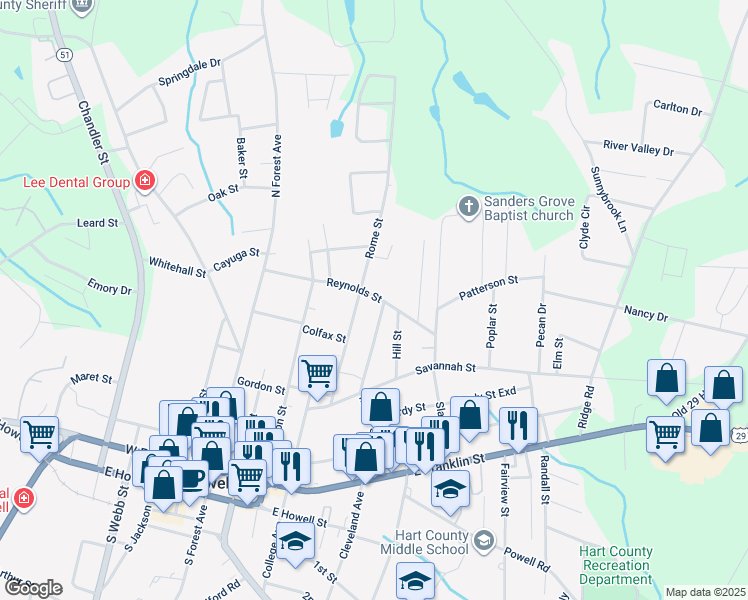 map of restaurants, bars, coffee shops, grocery stores, and more near 280 Reynolds Street in Hartwell