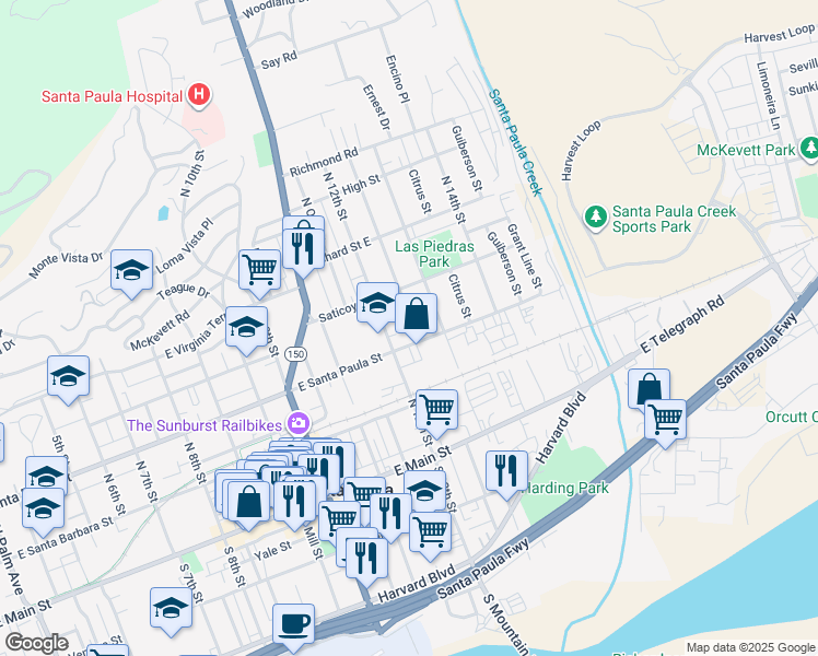 map of restaurants, bars, coffee shops, grocery stores, and more near 318 Sycamore Street in Santa Paula