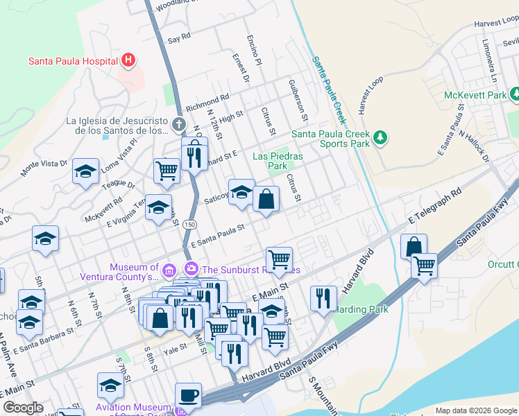 map of restaurants, bars, coffee shops, grocery stores, and more near 318 Sycamore Street in Santa Paula