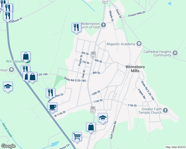 map of restaurants, bars, coffee shops, grocery stores, and more near 380 8th Street in Winnsboro