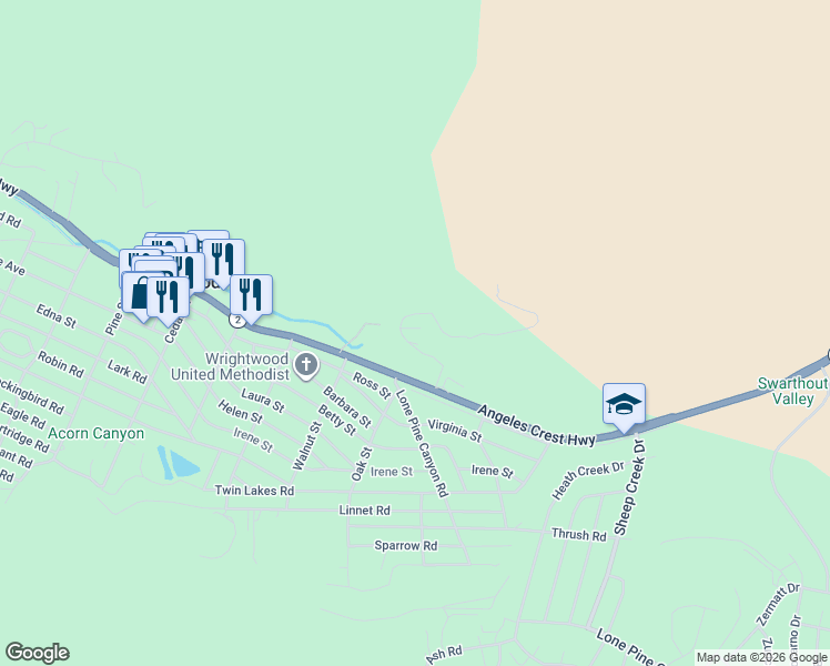 map of restaurants, bars, coffee shops, grocery stores, and more near 5998 Valley View Road in Wrightwood