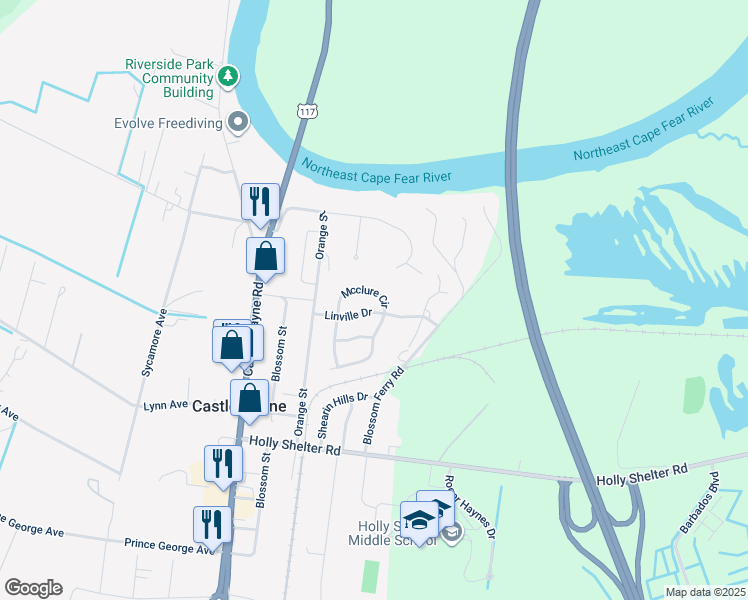 map of restaurants, bars, coffee shops, grocery stores, and more near 503 Mcclure Circle in Castle Hayne