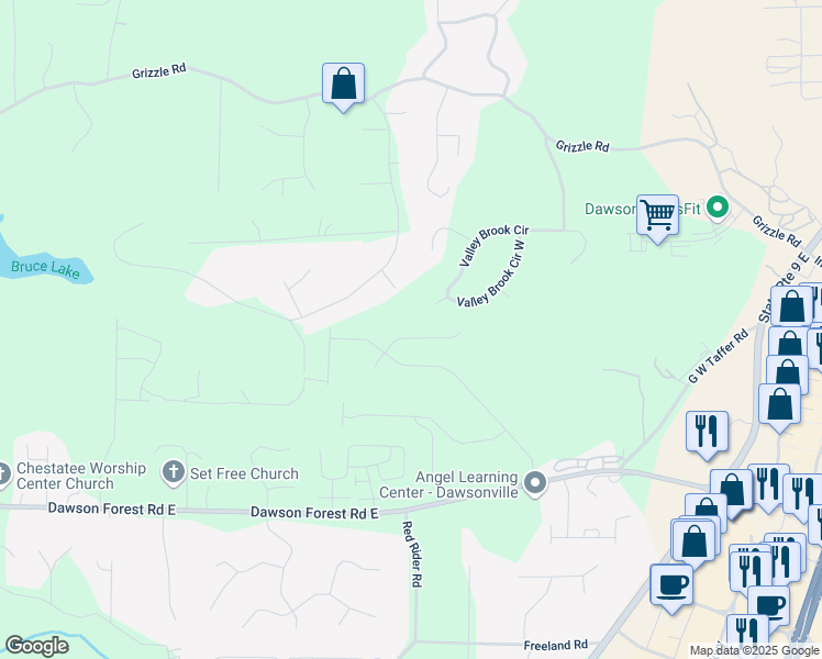 map of restaurants, bars, coffee shops, grocery stores, and more near 73 Longleaf Street in Dawsonville
