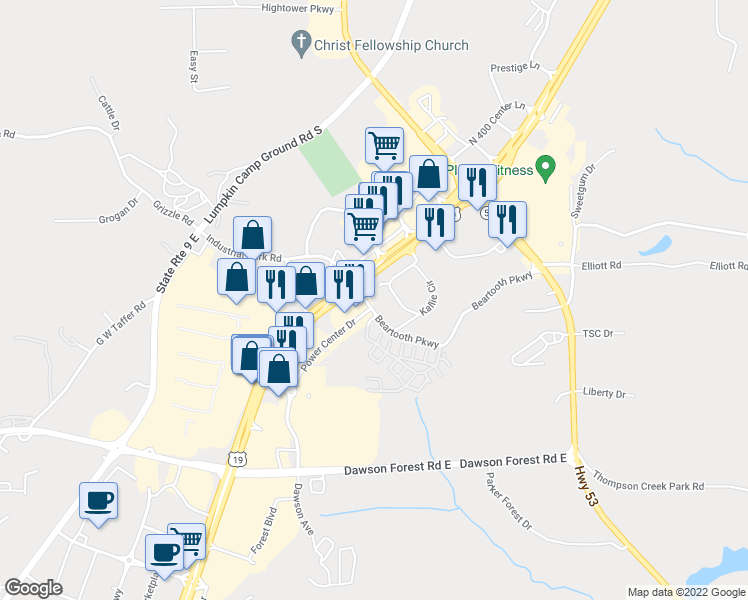 map of restaurants, bars, coffee shops, grocery stores, and more near Willow Way in Dawsonville