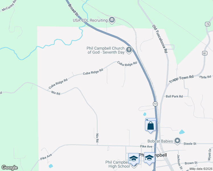 map of restaurants, bars, coffee shops, grocery stores, and more near 164 Douglas Drive in Phil Campbell