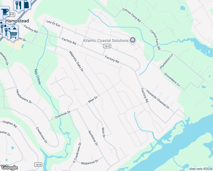 map of restaurants, bars, coffee shops, grocery stores, and more near 541 Mae Dr in Hampstead