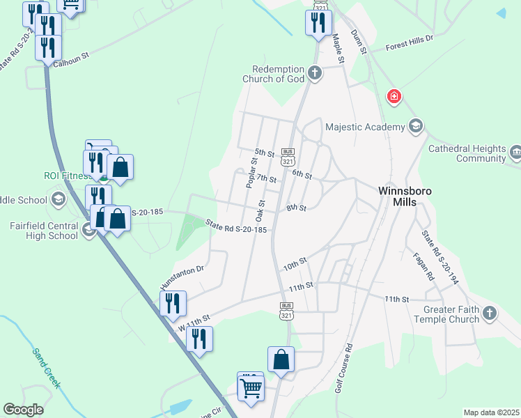 map of restaurants, bars, coffee shops, grocery stores, and more near 535 Oak Street in Winnsboro