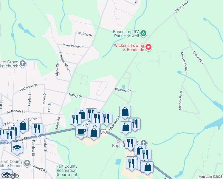 map of restaurants, bars, coffee shops, grocery stores, and more near 385 Old 29 Highway in Hartwell