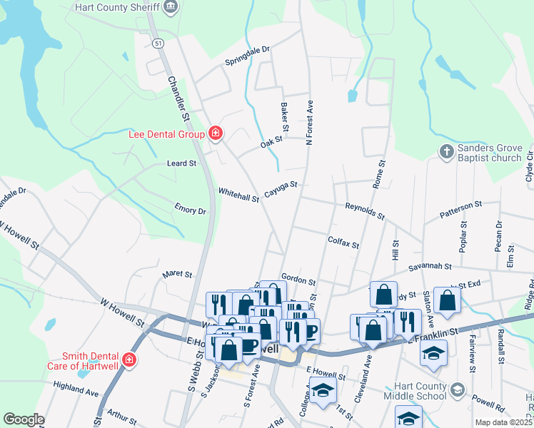 map of restaurants, bars, coffee shops, grocery stores, and more near 101-377 Vickery Street in Hartwell
