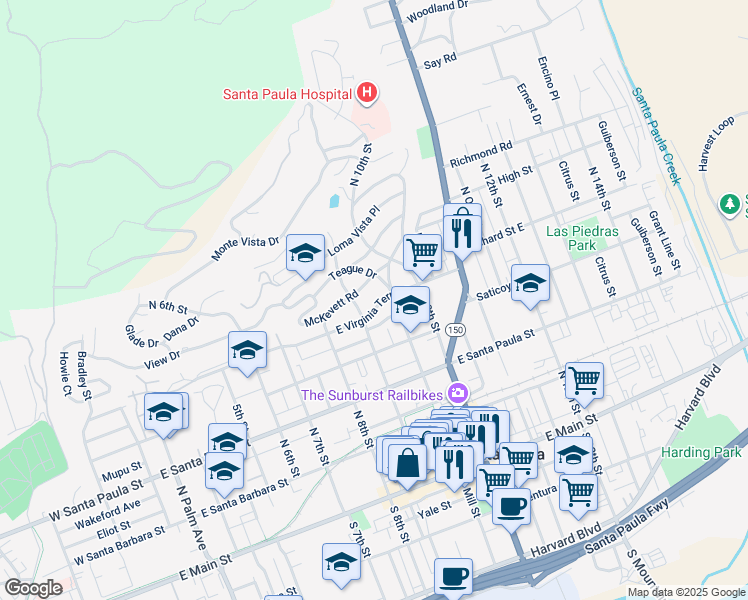 map of restaurants, bars, coffee shops, grocery stores, and more near 919 East Virginia Terrace in Santa Paula