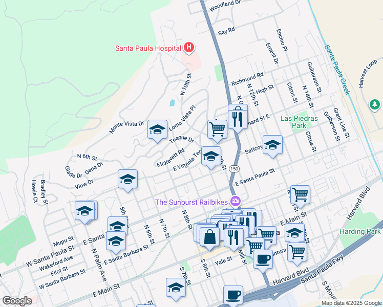 map of restaurants, bars, coffee shops, grocery stores, and more near 919 East Virginia Terrace in Santa Paula